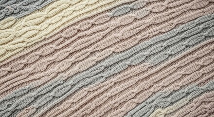 A textured, multicolored knitted blanket with cable patterns.
