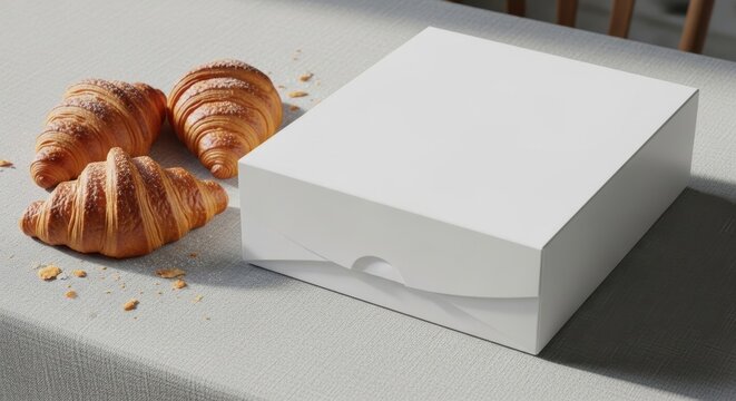 Three golden-brown croissants with crumbs next to a plain white bakery box on a light table.