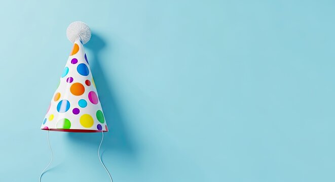 A colorful party hat with polka dots on a blue background. - Powered by Adobe