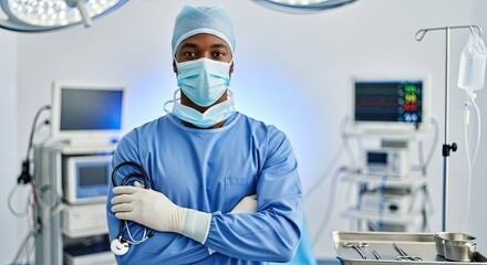 A male healthcare professional in a blue surgical gown and cap stands confidently in an operating room with medical equipment and monitors in the background.