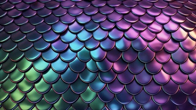 Abstract background featuring a close-up of shimmering iridescent scales with a metallic sheen, transitioning through vibrant green, blue, and purple hues, creating a fantastical texture
