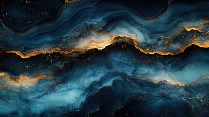 Abstract fluid art background with blue, gold and black colors