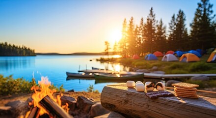 A serene lakeside campsite with a bonfire, marshmallows, and s'mores, surrounded by trees and a calm lake at sunset.