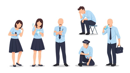 Stressed office workers displaying various negative emotions like anxiety, sickness, and despair in a professional setting