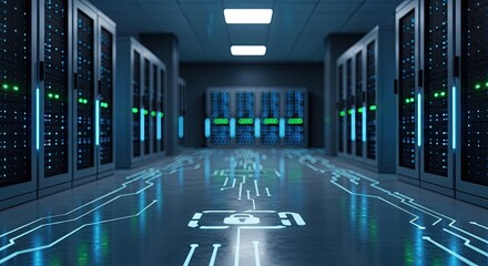 A server room with multiple servers and network cables.