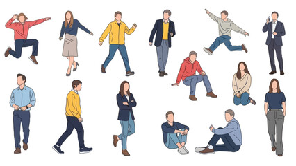 Fototapeta premium Dynamic collection of diverse people depicted in various modern casual and professional poses, ready for creative projects