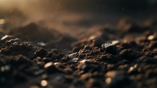 A macro shot of dark earth with small rocks, illuminated by soft, diffused light
