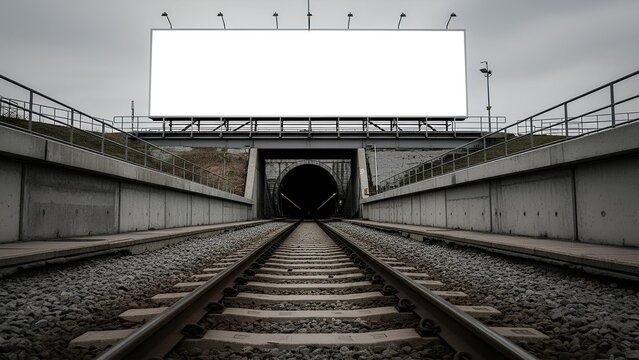 Desolate railway tunnel entrance with parallel tracks converging into a distant dark tunnel.