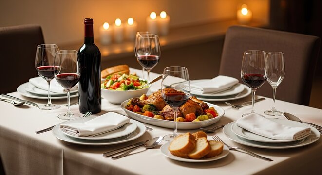 A beautifully set dining table with a bottle of red wine, plates, and silverware, all arranged for a romantic dinner. - Powered by Adobe