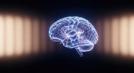A glowing, futuristic brain with a blue and white color scheme, surrounded by a dark background with light beams.