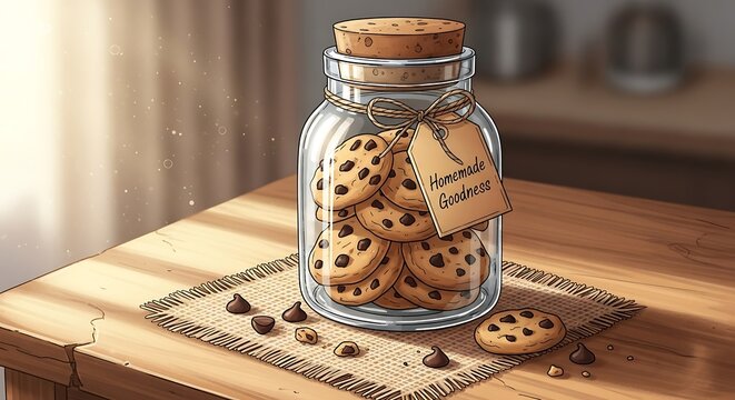Warm, inviting jar overflowing with delicious chocolate chip cookies, perfect for baking inspiration.