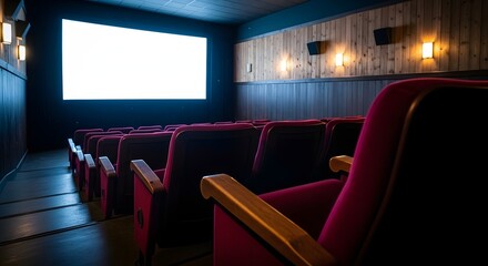 Empty cinema theater with rows of red velvet seats and blank screen, set for a Sundance Film Festival presentation concept and independent film screening