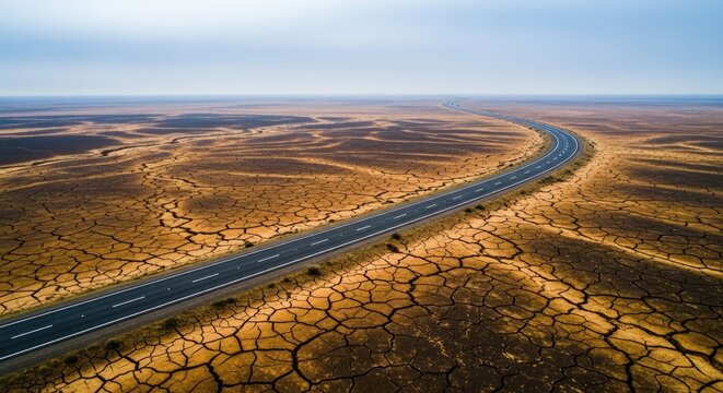 A winding road through a dry, cracked desert landscape. - Powered by Adobe
