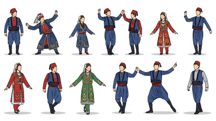 Fototapeta premium Vibrant collection of diverse people in traditional Turkish cultural attire, showcasing folk costumes and joyful dance movements