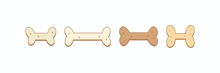Set of four bone-shaped dog biscuits or cookies in various shades of brown. Cute, simple vector illustration for pet food, treats, and animal care design