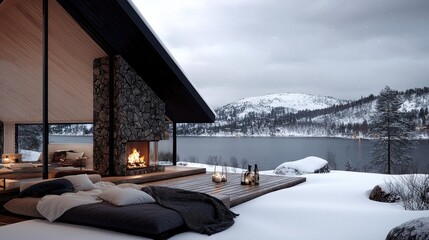 Cozy Fireplace Burning in Winter Cabin with Lake View