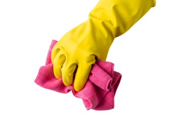 Closeup hand in a yellow rubber glove with pink micro fiber cloth top view on transparent background 