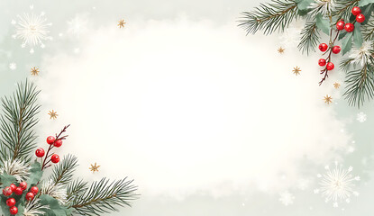 A christmas background with pine branches, red berries, and snowflakes on a white background 4k and hd image