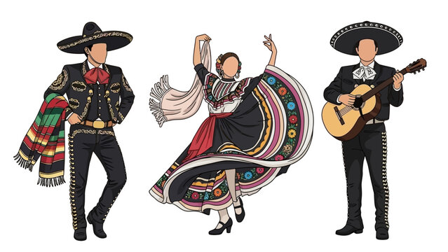 Vibrant Mexican dancers and musician in traditional festive attire celebrate culture and joy with lively performance