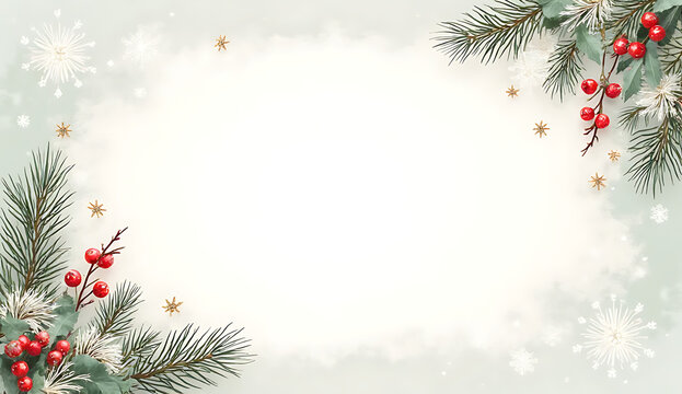 A christmas background with pine branches, red berries, and snowflakes on a white background 4k and hd image
