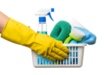 Closeup hand in a yellow rubber glove holding cleaning equipment in basket on transparent background 