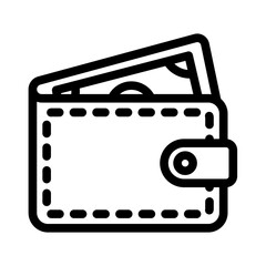 Simple line icon of an open wallet containing a paper banknote, symbolizing finance, personal savings, payment methods, and business transactions on an isolated background