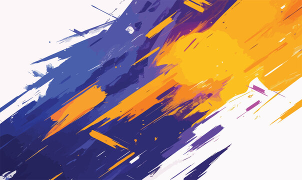 Energetic vector abstract background with vibrant brush strokes and paint splashes in blue, orange, yellow, and purple, forming a dynamic artistic design.