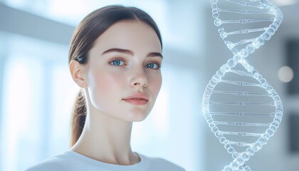 Futuristic portrait of a beautiful woman contemplating a glowing DNA strand for genetic science