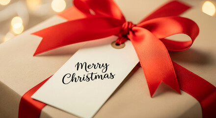 A festive holiday gift wrapped in brown paper with a vibrant red ribbon and a tag that wishes a Merry Christmas against a sparkling background