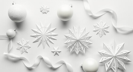 Minimalist winter holiday flat lay with a collection of white Christmas ornaments, intricate paper star decorations, and a flowing ribbon on a clean background