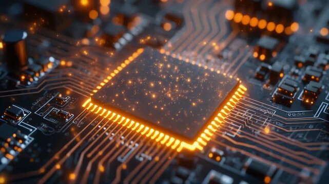 Close-up of a glowing orange computer chip on a circuit board, showcasing intricate electronic pathways and technological innovation