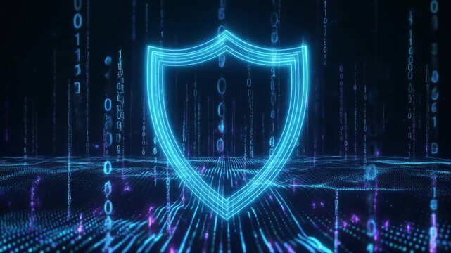 Digital security shield with binary code and abstract technology background