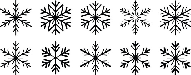 Snowflakes Silhouettes Set, Collection of Snowflakes Silhouettes, Various Black and White Snowflake Designs, Ten Unique Snowflake Icons, vector, illustration, silhouette