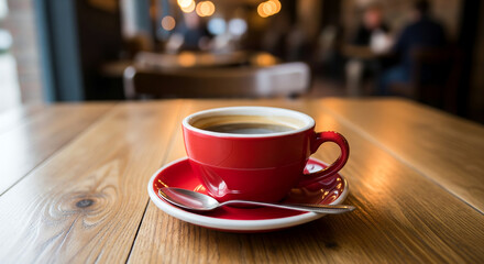 Obraz premium Red Coffee Cup on Wooden Table with Bokeh Background