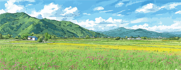 Charming vector illustration depicting a serene rural landscape with lush green mountains, vast flowering fields, and a bright blue sky.