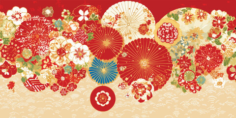 Vibrant vector Japanese floral pattern with traditional fan shapes and intricate gold accents, creating an elegant decorative border.