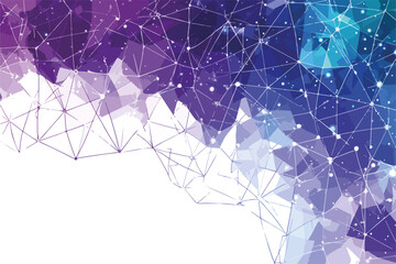 Futuristic polygonal network background with connected dots and gradient purple-blue geometric shapes, ideal for technology, science, and modern digital design projects.