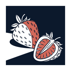 Stylized illustration of two strawberries, one whole and one halved, depicted in a graphic, twotone design against a dark background