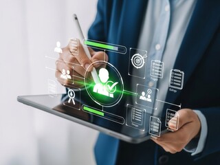 Business professional using tablet with digital HR interface