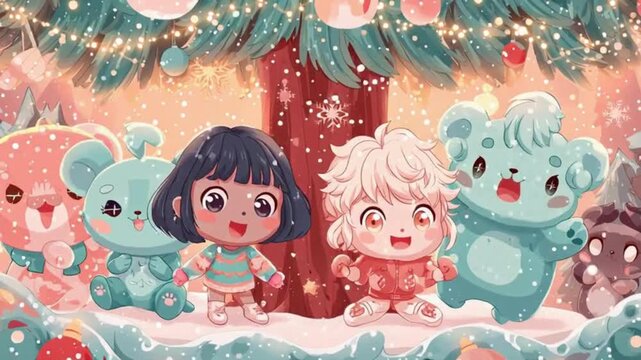 Cute chibi children and adorable creatures celebrate Christmas together under a decorated tree in the snow.