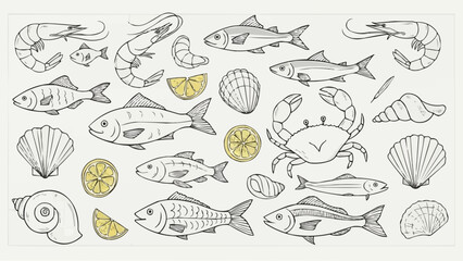Hand drawn seafood collection with various fish, shrimp, crab, and shells.