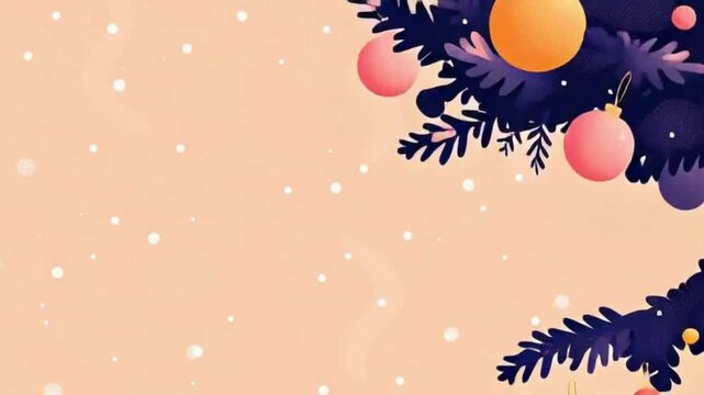 Illustrated dark blue Christmas tree branches with pink and orange ornaments against a snowy peach background.