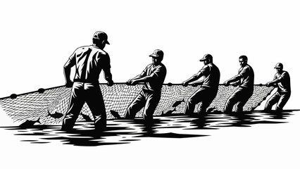 Vintage black and white illustration of fishermen pulling a net.