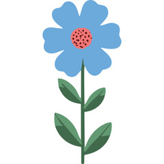 Stylized Light Blue Flower with Pink Center and Green Leaves on Black Background Simple Graphic Illustration