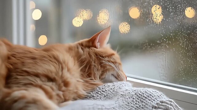 Orange tabby cat naps on a knitted blanket by a rain-speckled window with soft blurred lights. cozy