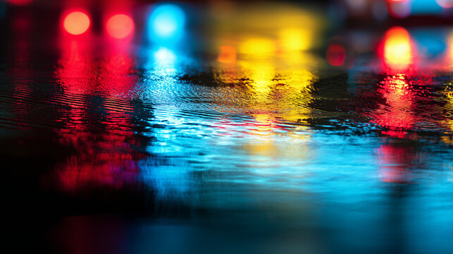 Close-up of emergency vehicle lights reflecting on wet pavement, creating a neon glow at night. mobility guides, transit brochures, designed for transport & logistics marketing.