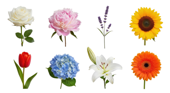 A collection of colorful flowers, including roses, peonies, lavender, sunflowers, tulips, hydrangeas, lilies, and gerberas, arranged in a grid pattern on a png transparent - Powered by Adobe
