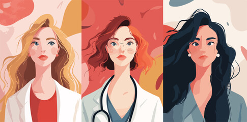 Diverse women in professional attire, representing healthcare and corporate roles, vector art.
