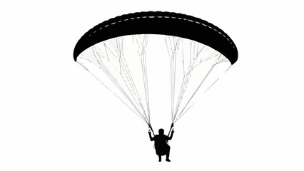 Black and white silhouette of a person paragliding.