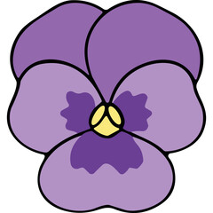 Stylized Purple Pansy Flower with Yellow Center on Black Background Simple Flat Vector Illustration